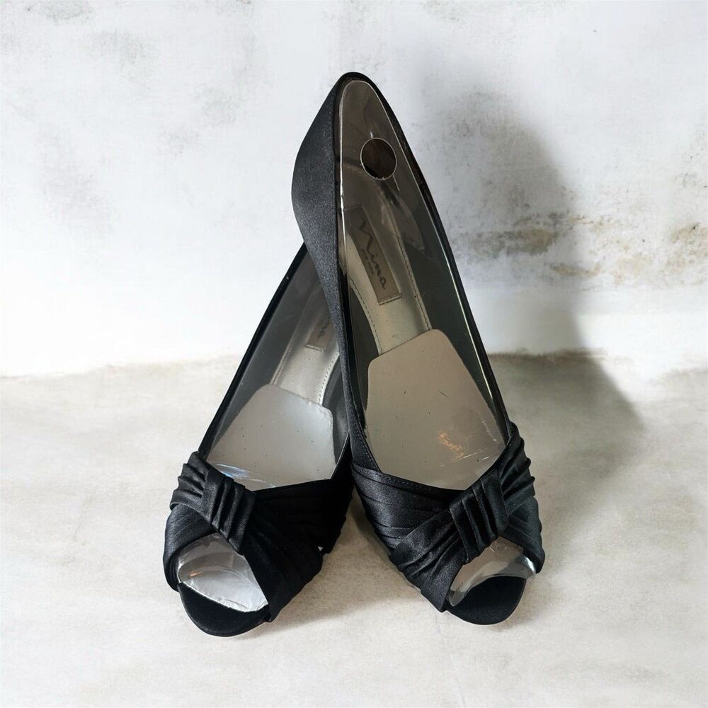 Nina Black Pleated Peep Toe Kitten Heel Pumps Women's US 8 M EU 39